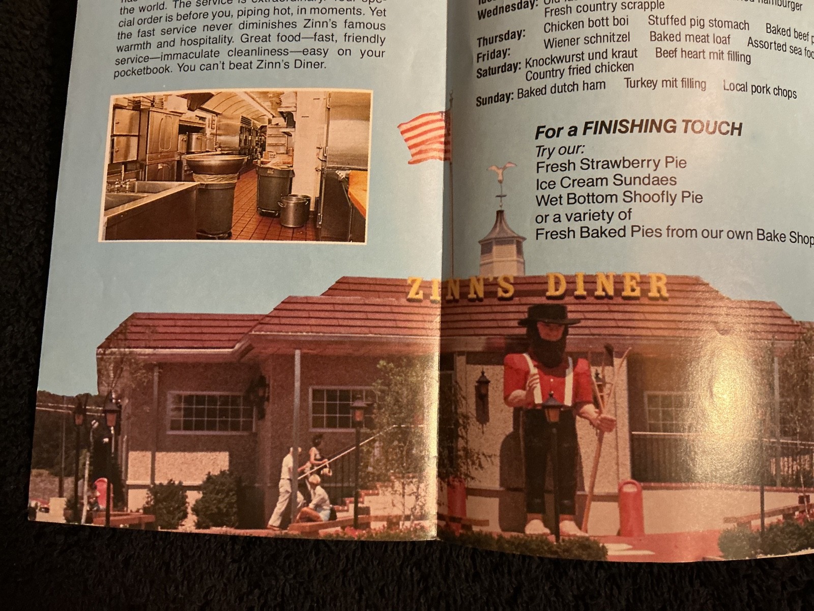 ZINN’S COUNTRY DINER BROCHURE (1980s) LANCASTER/DENVER, PENNSYLVANIA DUTCH Amos