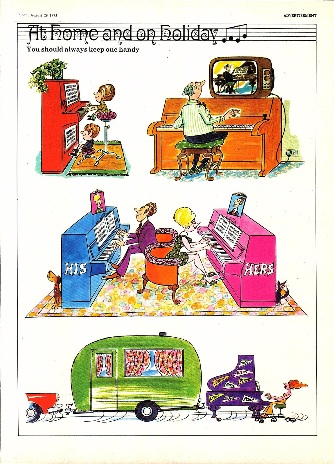 Original 1973 Punch Colour Cartoon Print ‘The Piano, at Home and on Holiday’