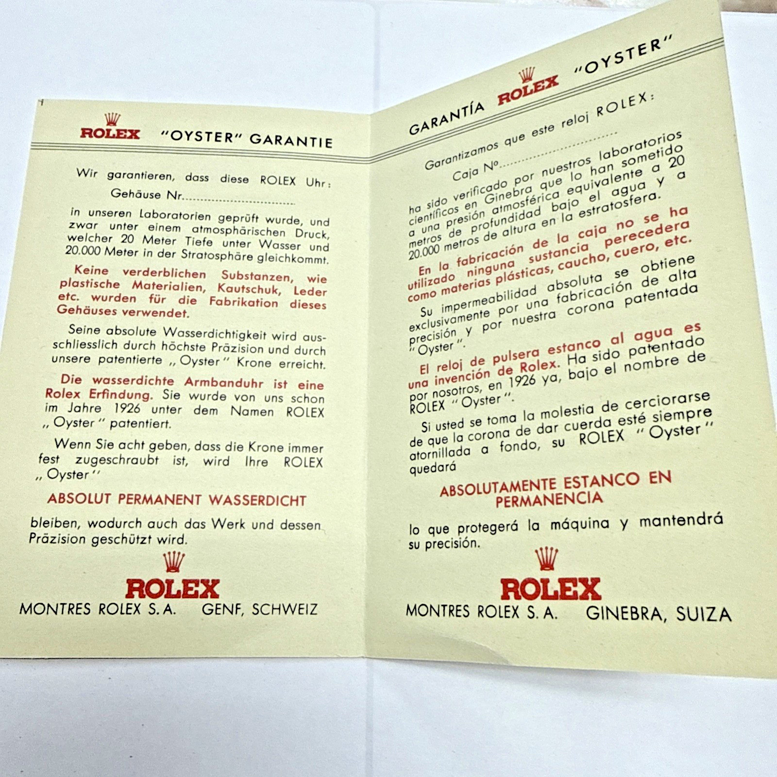Rolex Vintage 1946 “Oyster Guarantee” Rare Blank Certificate In 4 Languages