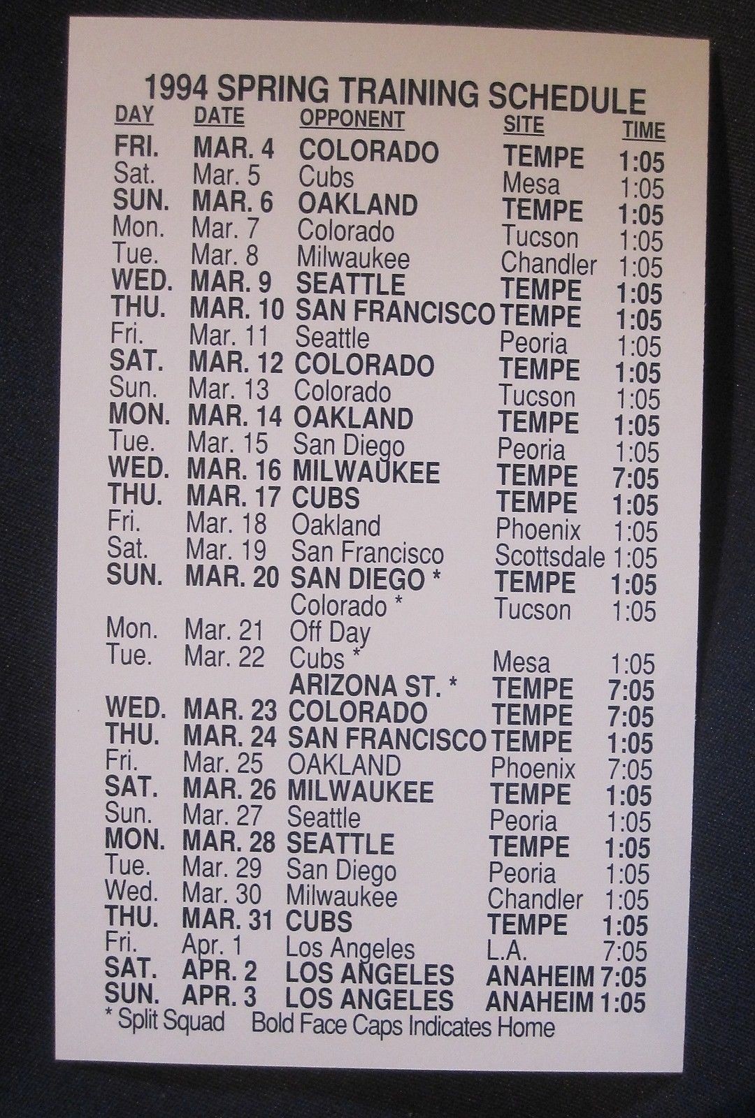 CALIFORNIA ANGELS 1994 SPRING TRAINING POCKET SCHEDULE