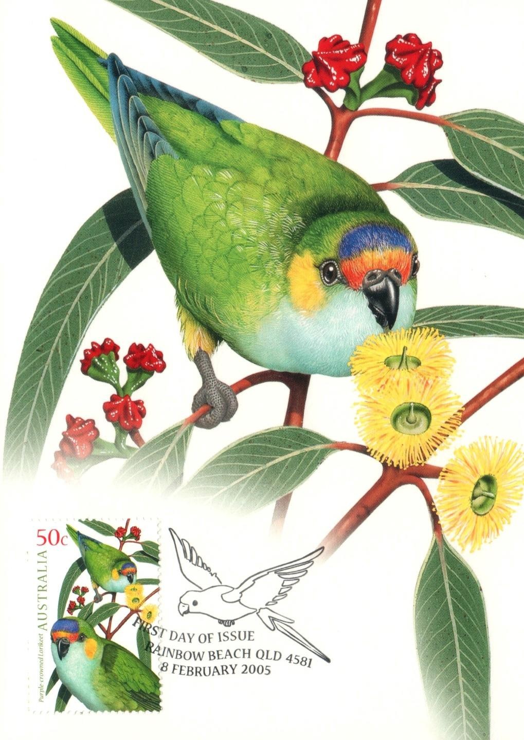 2005 Purple Crowned Lorikeet POSTCARD Maxicard 50c Stamp Cancel Rainbow Beach
