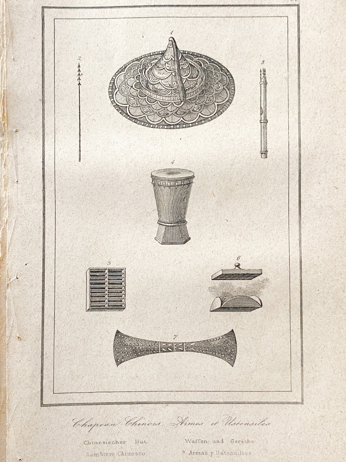 Engraving Indonesia Island Of Timor “Chinese Hat – Weapons And Utensils”