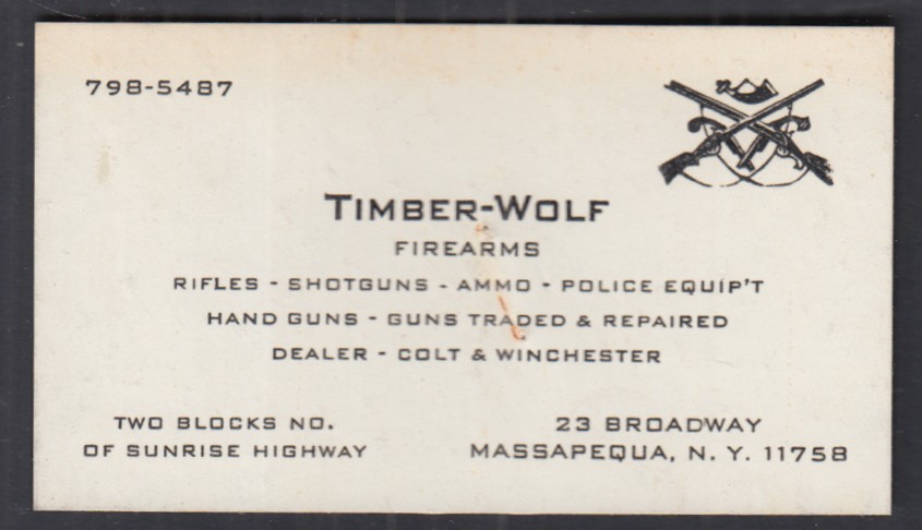 Timber-Wolf Firearms business card Massapequa NY 1960s