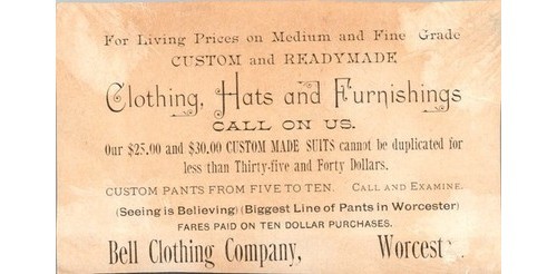 Bell Clothing Worcester MA Trade Card USS Philadelphia 1890s Paper Goods