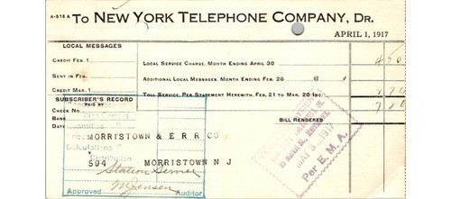 1917 NY Telephone Bill Morristown & Erie RR NJ Account – Railroadiana Paper