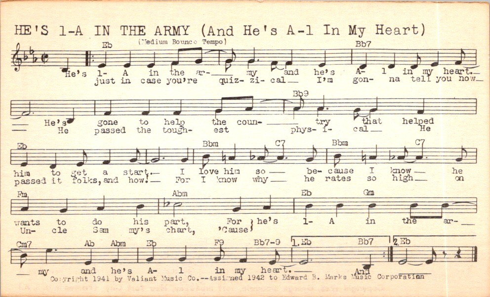 Tune-Dex 1943 WWII Patriotic Lead Sheet – He’s 1-A In The Army & A-1 In My Heart
