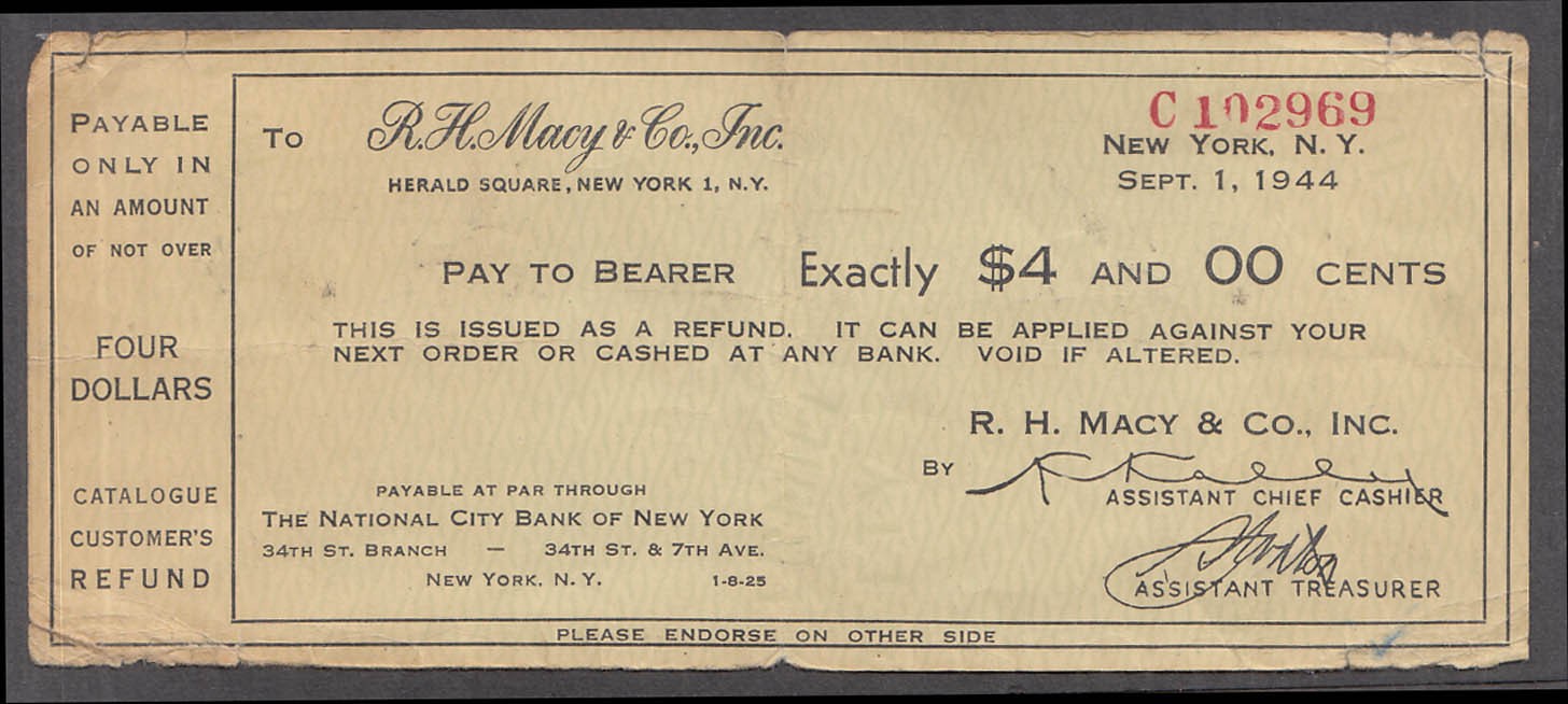 R H Macy & Co New York City Refund Check for $4.00, uncahsed 1944