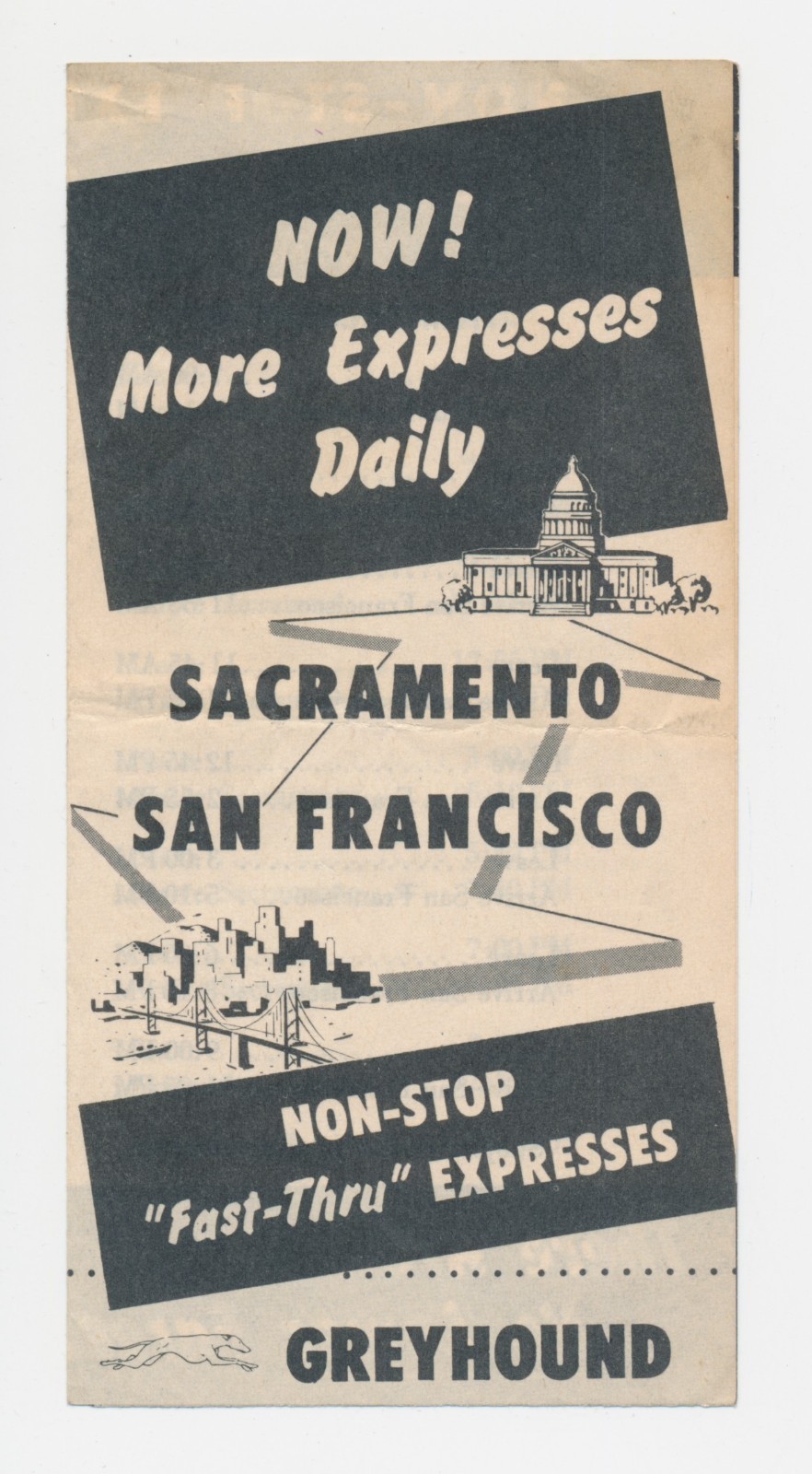 Vintage Greyhound Bus Time Table Sacramento to San Francisco CA Non Stop Express