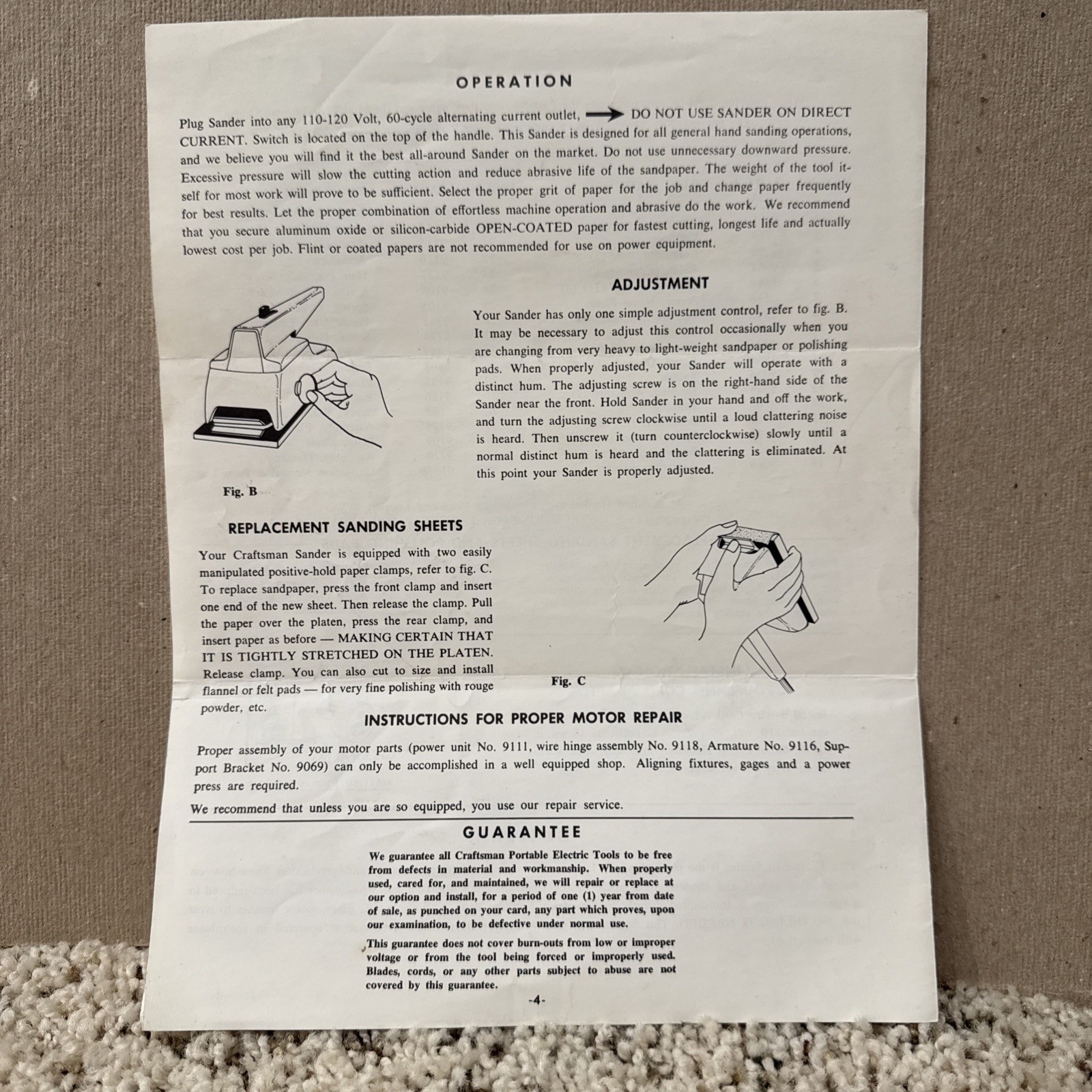 1960’s Craftsman Sander & Polisher Sears 110-7620 Owners Manual Vtg