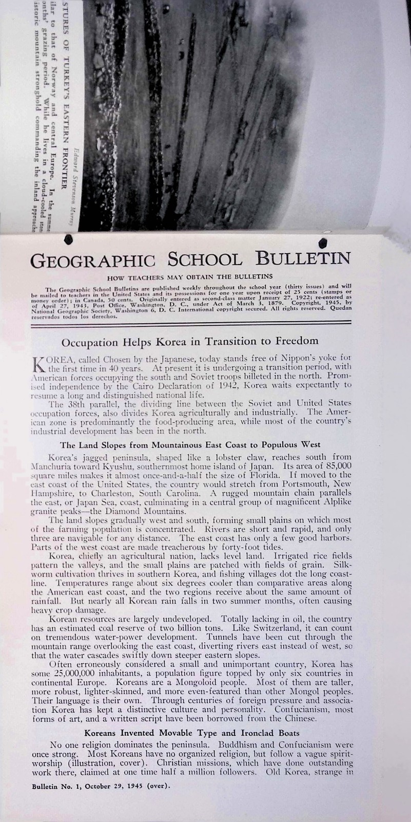 1945 National Geographic School Bulletin Vol XXIV No 5 Korea Turkey Japan WWII