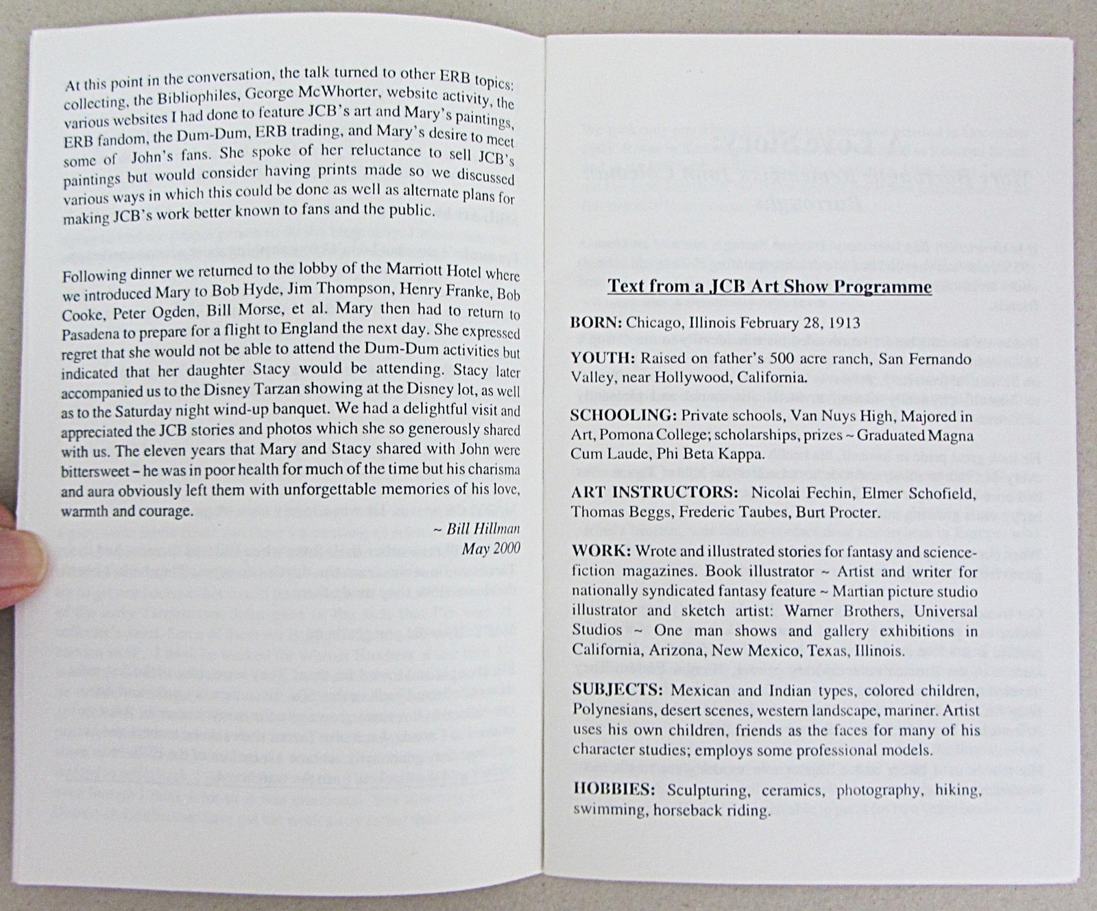 MARY BURROUGHS~JOHN COLEMAN BURROUGHS~ECOF 2000 CHAPBOOK~BILL HILLMAN~28 pages