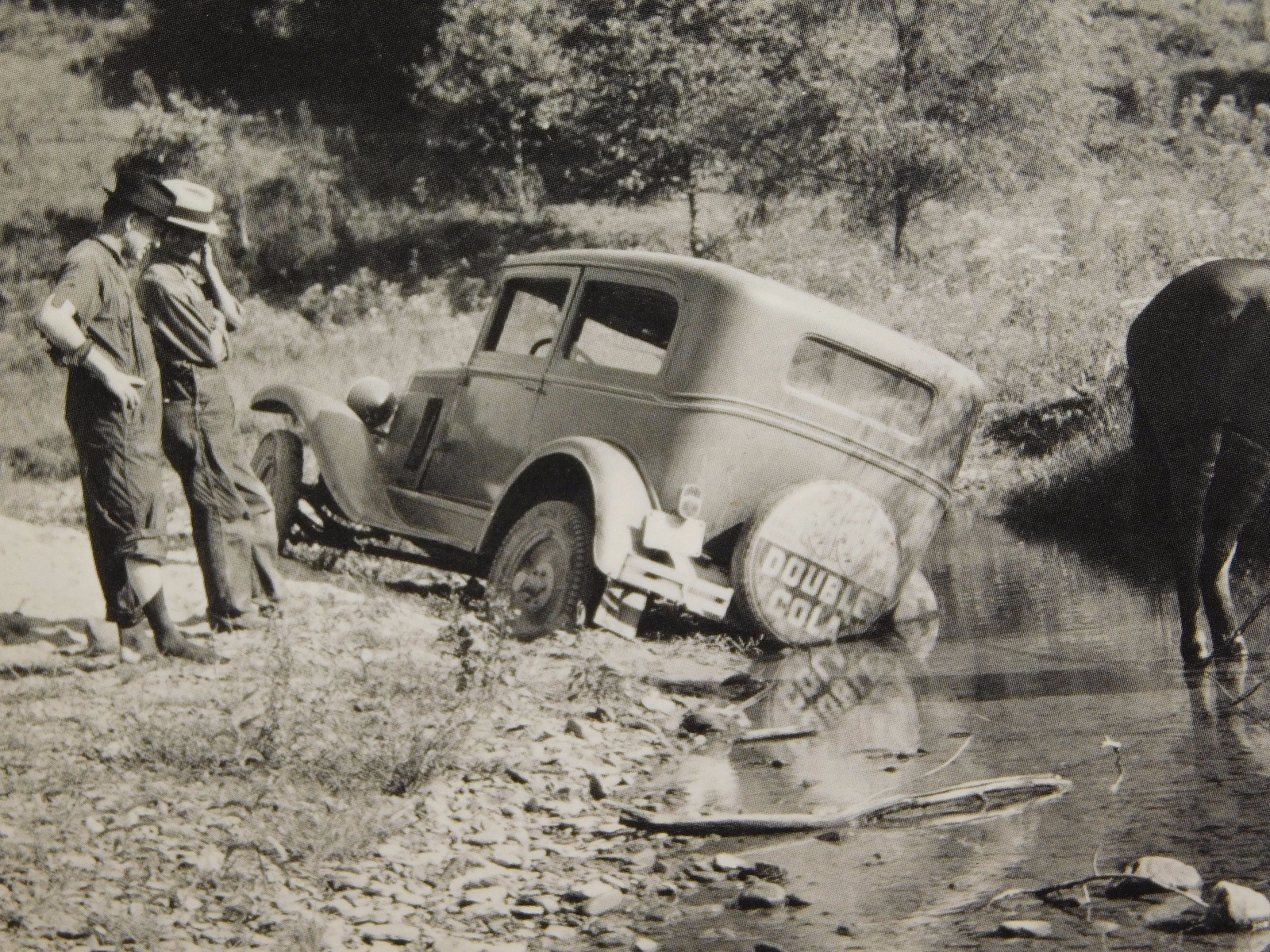 VINTAGE 6 1/2″ X 4 3/4″ OLD DOUBLE COLA TRUCK & HORSE IN RIVER STREAM PHOTO