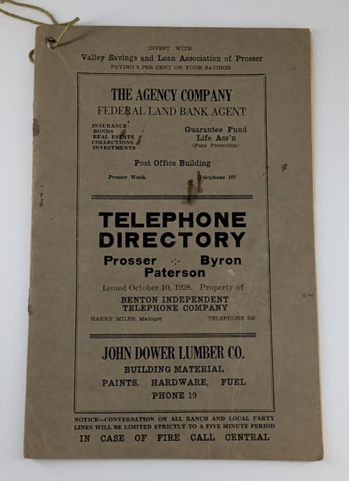 Telephone Directory Prosser Byron Paterson Washington October 1928 Vintage