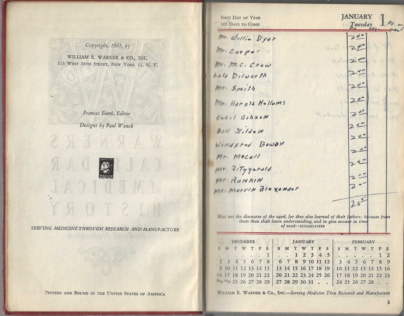 1946 WARNER’S CALENDAR OF MEDICAL HISTORY For The Use Of The Medical Profession
