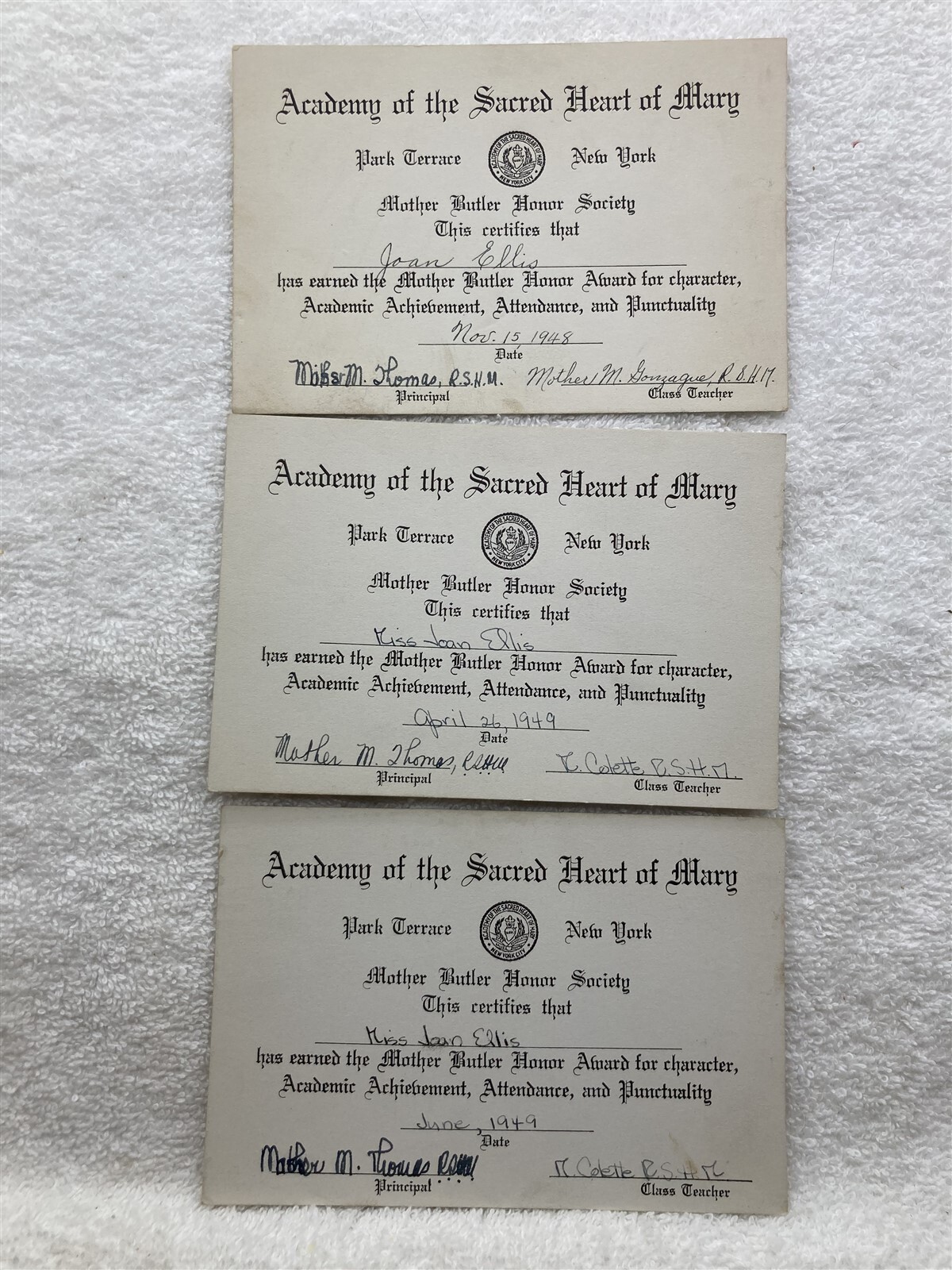 1948 1949 Academy of the Sacred Heart of Mary Park Terrace NY Certificates Vtg