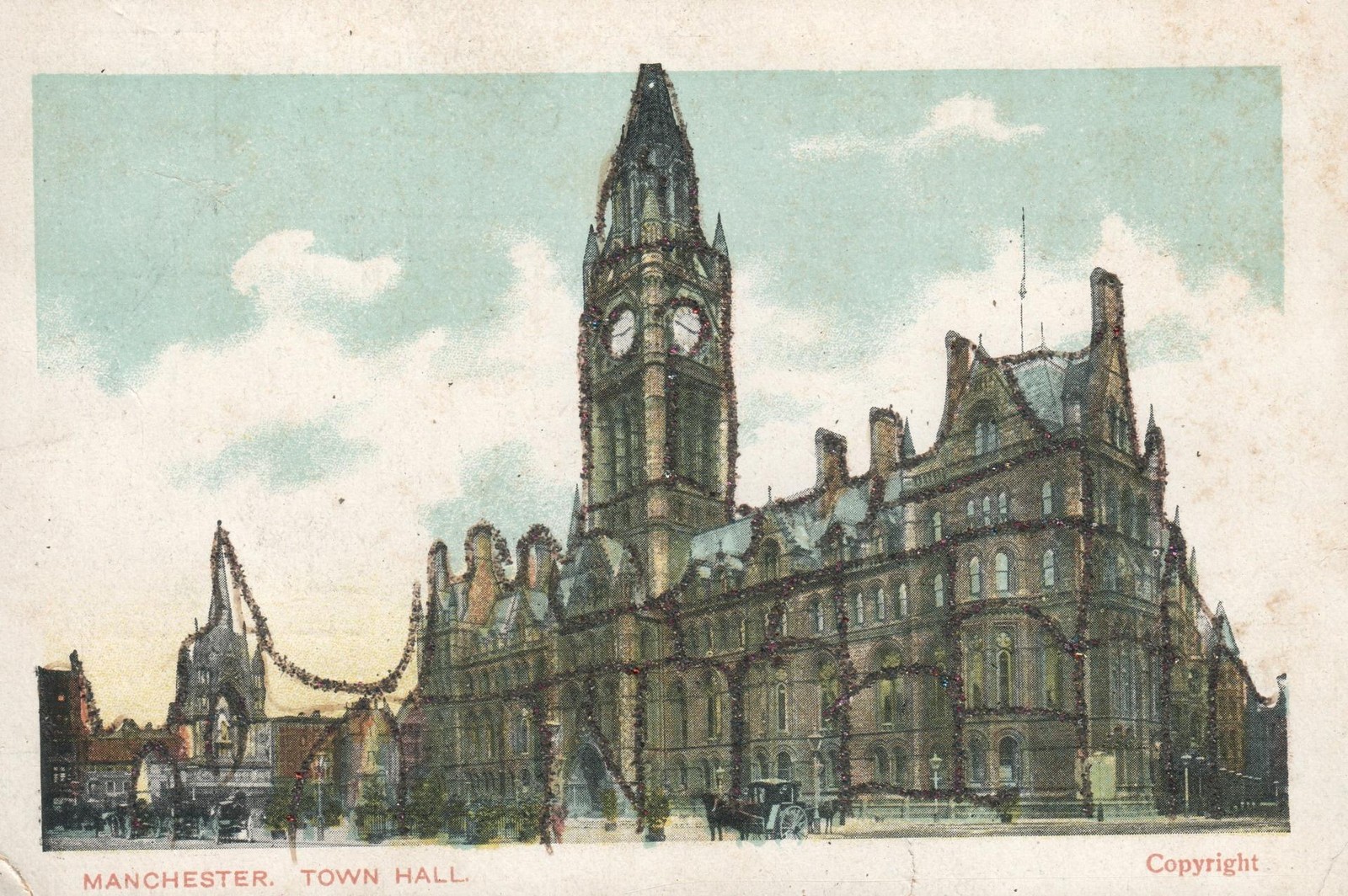 EARLY 1900s ANTIQUE Glitter Manchester Town Hall POSTCARD to Mrs Jones Melbourne