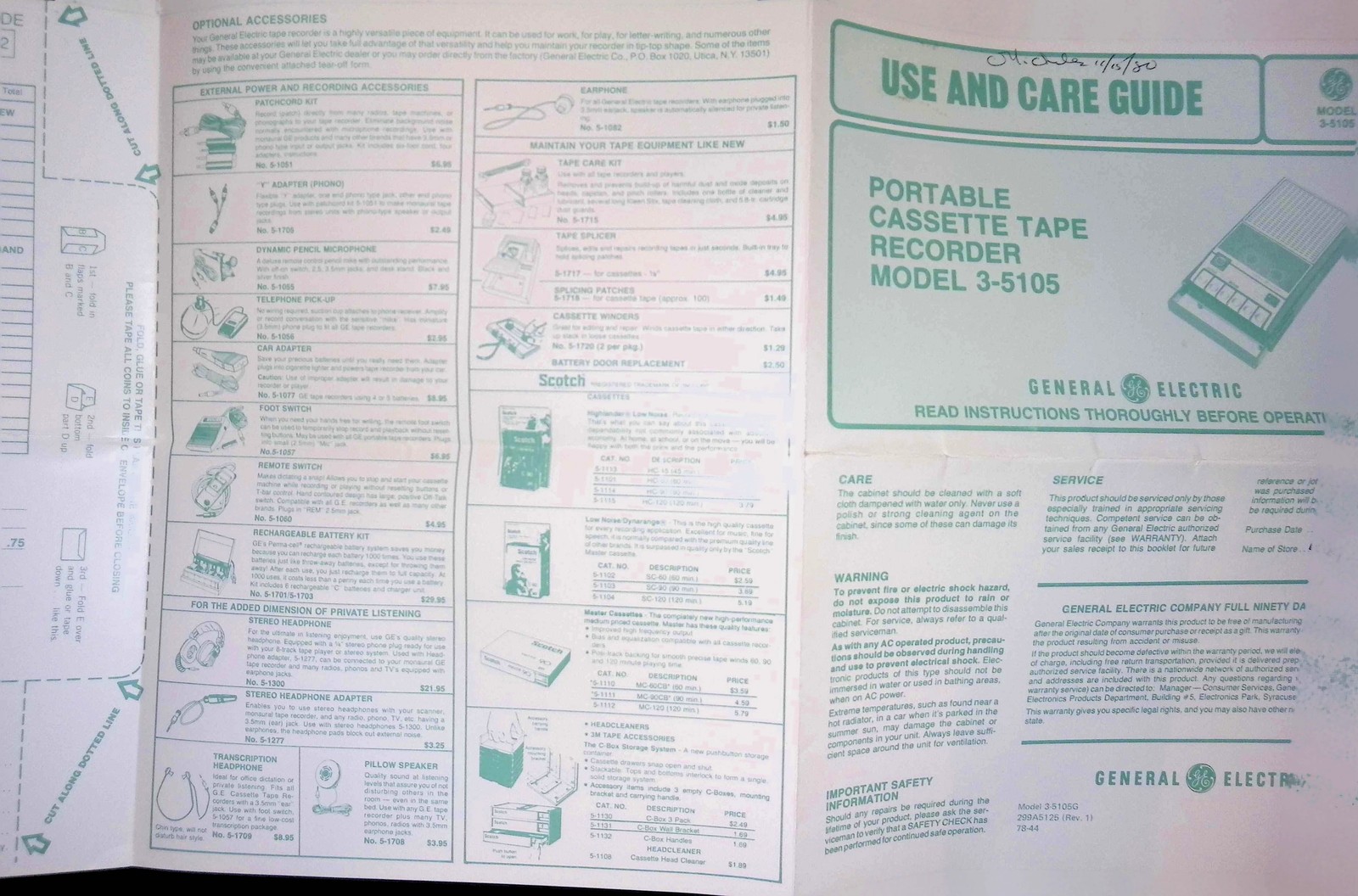 General Electric 3-5105 Portable Cassette Recorder Use Care Guide 1980