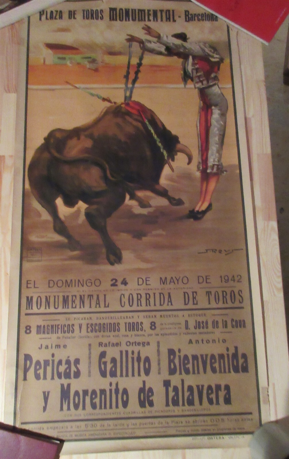 Spanish Bullfighting original Poster at Plaza De Toros de Barcelona May 24, 1942