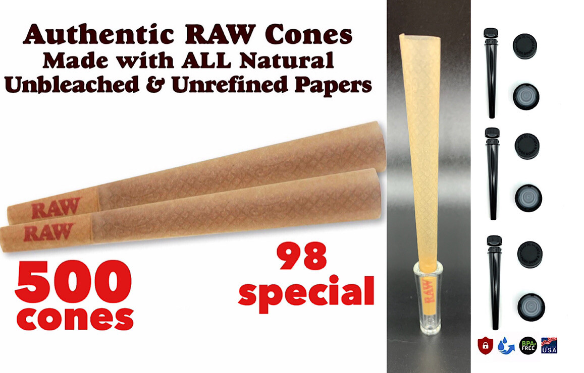 raw cone classic 98 special size pre rolled cone(500 pack)+3pcs tube +glass TIP