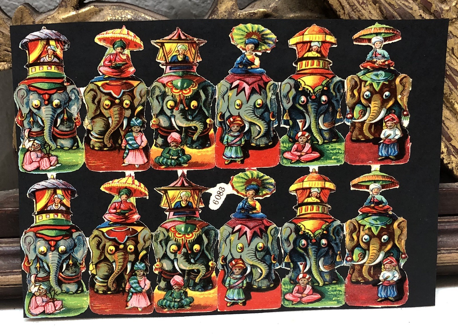 Indian Elephants & Kid Band Die Cut Scraps Glued on Paper Double Sided L14