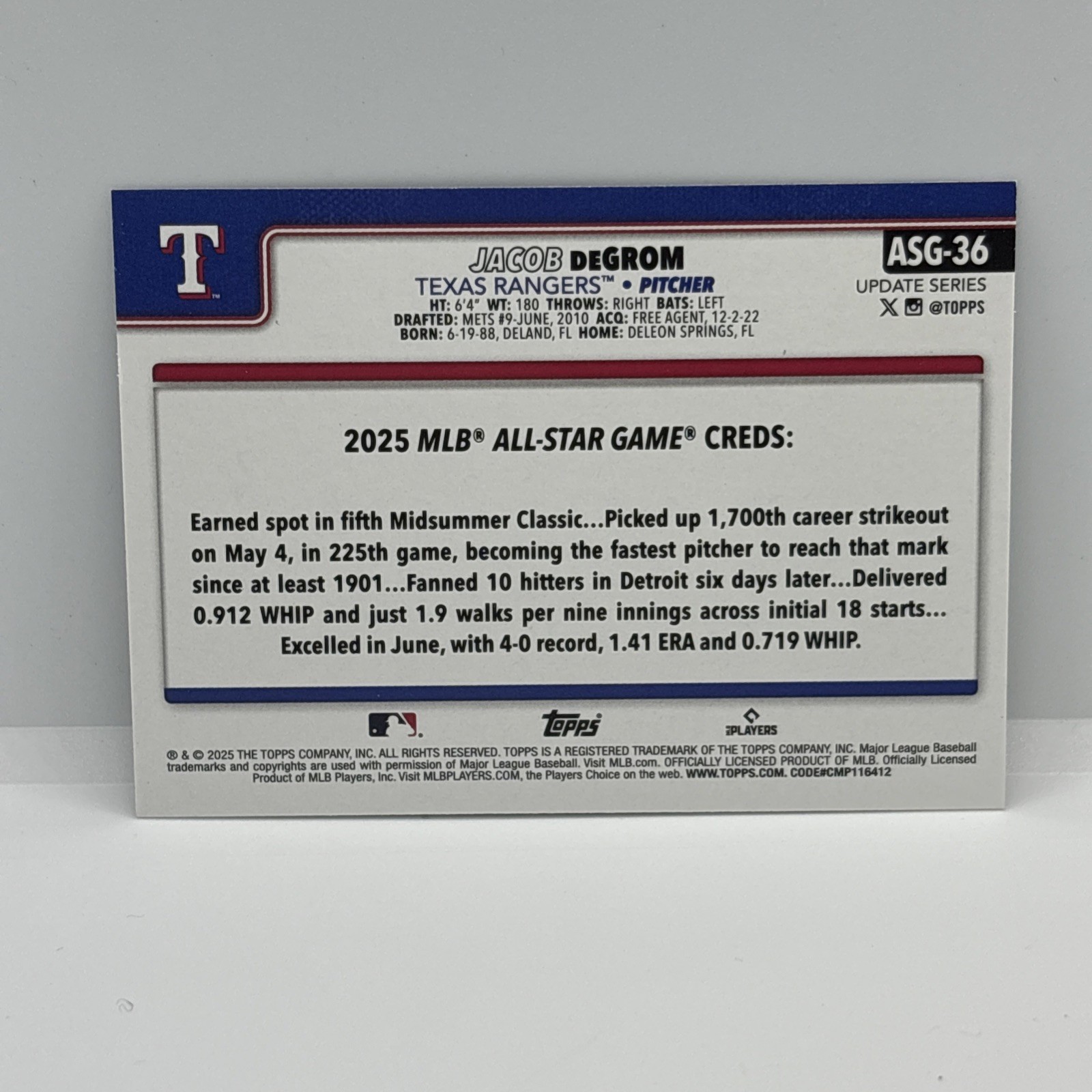 2025 Topps Update Series MLB No. ASG-36 Jacob DeGrom All-Star Rainbow Holofoil