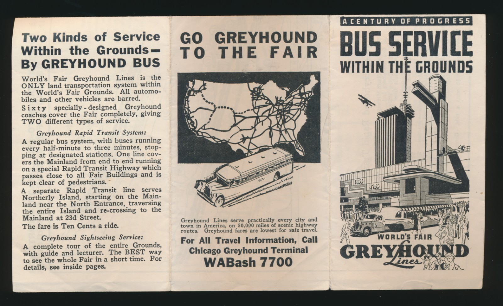 Greyhound Lines Bus Service Map 1933-34 Century of Progress Chicago World’s Fair