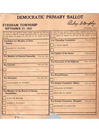 1921 NJ Democratic Primary Ballot Evesham Twp Burlington Co Suffrage Paper