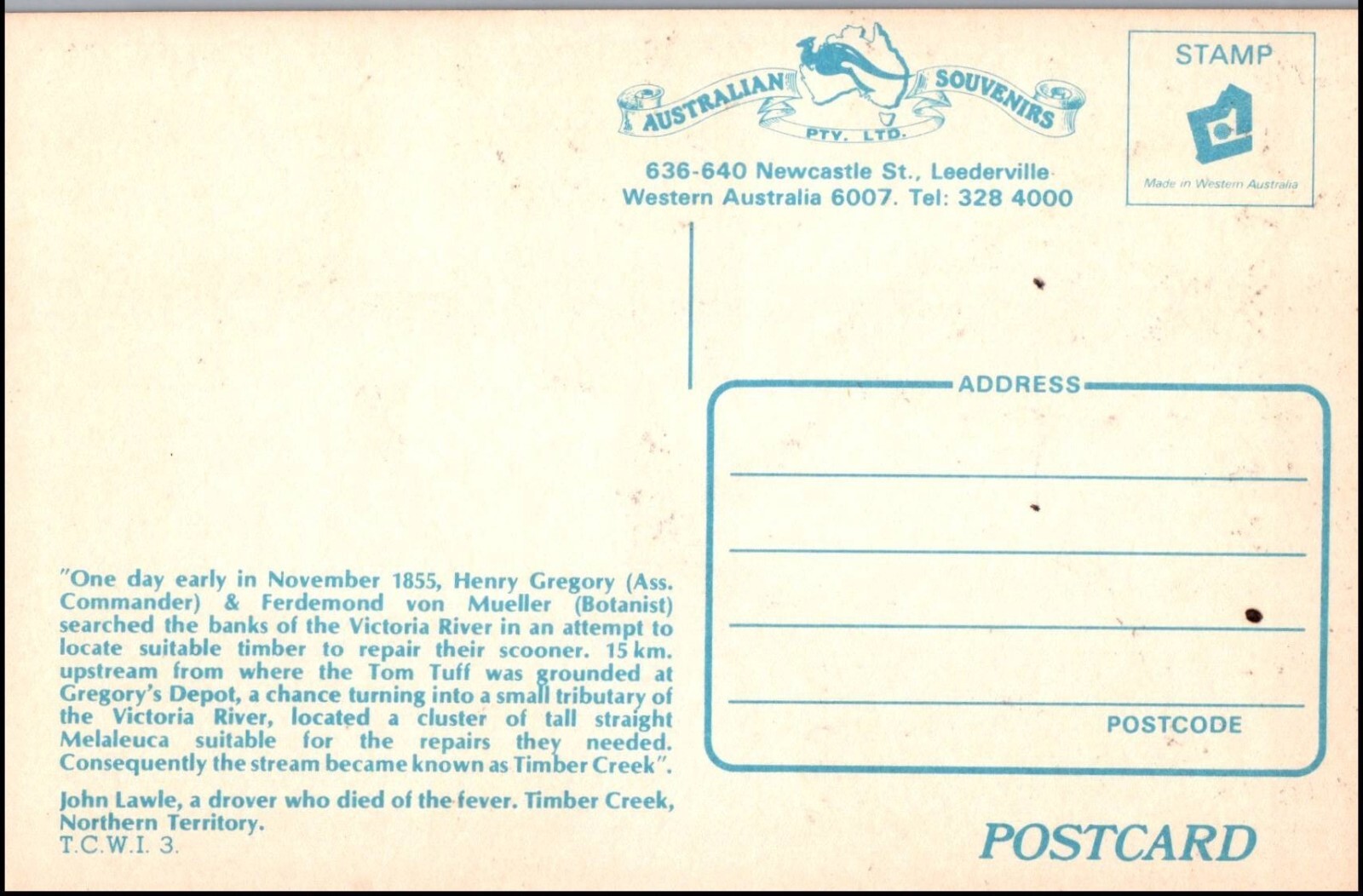 A1904 Australia NT Timber Creek Boab Tree postcard