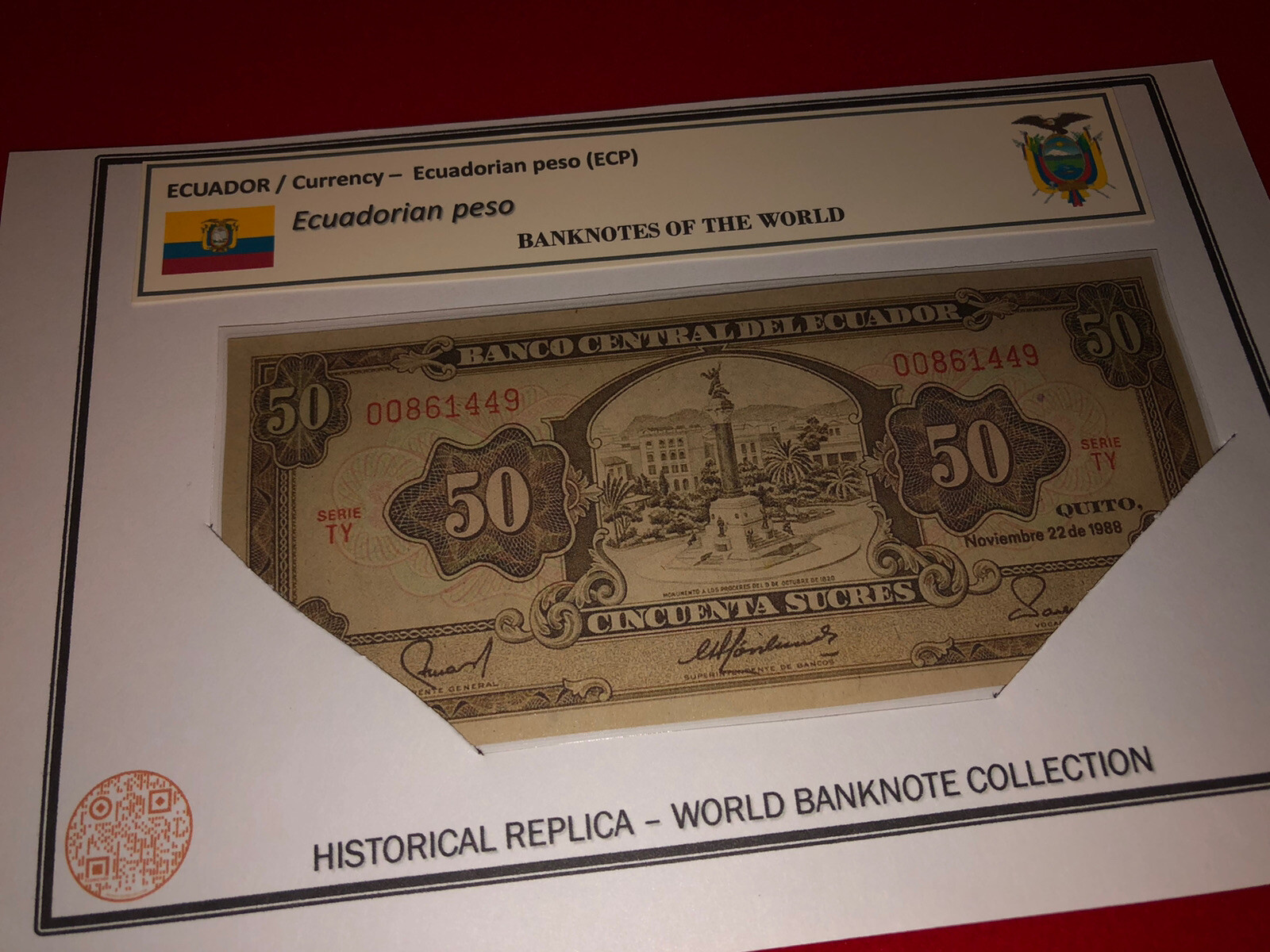 ECUADOR / LAMMINATED HISTORICAL REPLICA SOUVENIR PRINT – 50 ECUADORIAN PESO NOTE