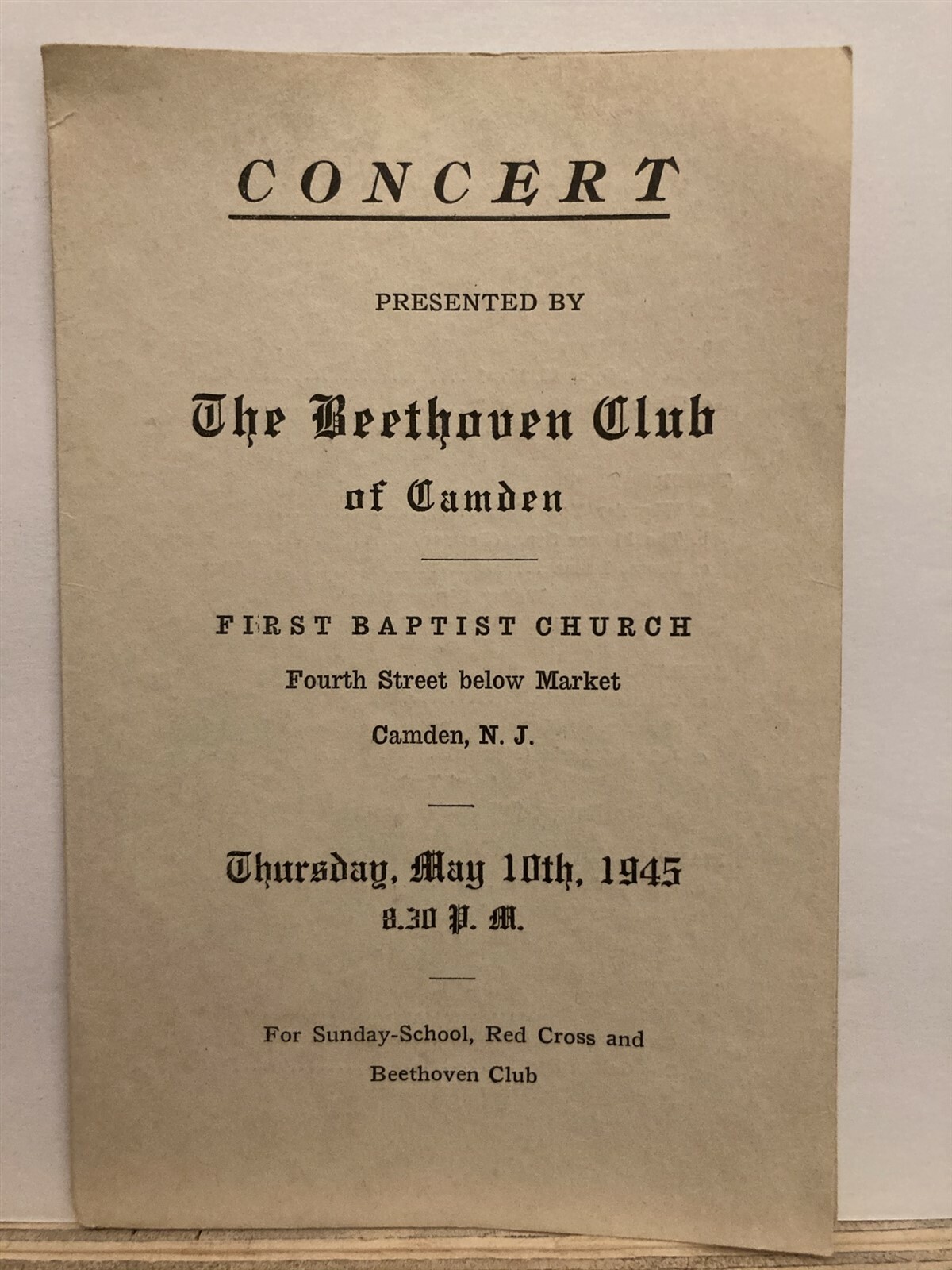 1945 May 10 Beethoven Club of Camden First Baptist Concert Program NJ Vintage NJ