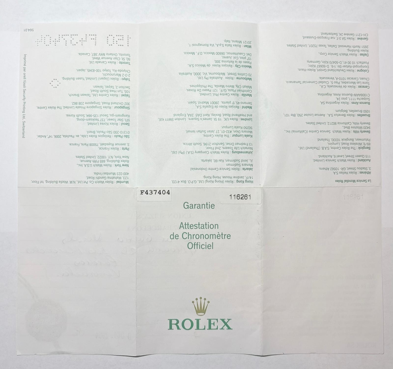 Rolex 116261 Datejust Warranty Certificate Guarantee 2004 F Serial Cert Vintage