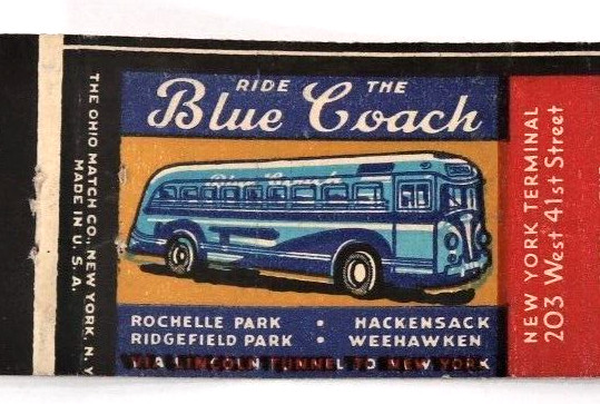 Vintage New York Bus Lines Matchbook Cover Blue Coach & Manhattan Line 1940s