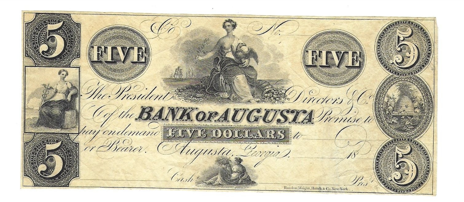 USA $5 BANK of AUGUSTA,Georgia historic banknote ca.1830s-1850s (xf-ef)li