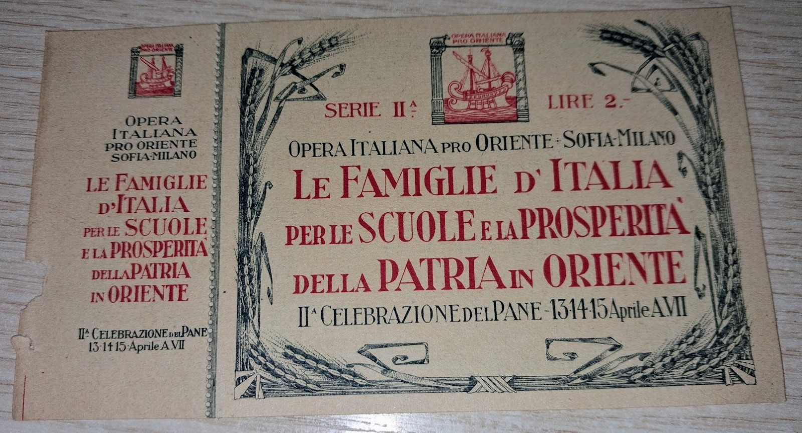 Opera Italiana Pro Oriente Sofia II 1929 Buono Lire 2 Multicolor Paper