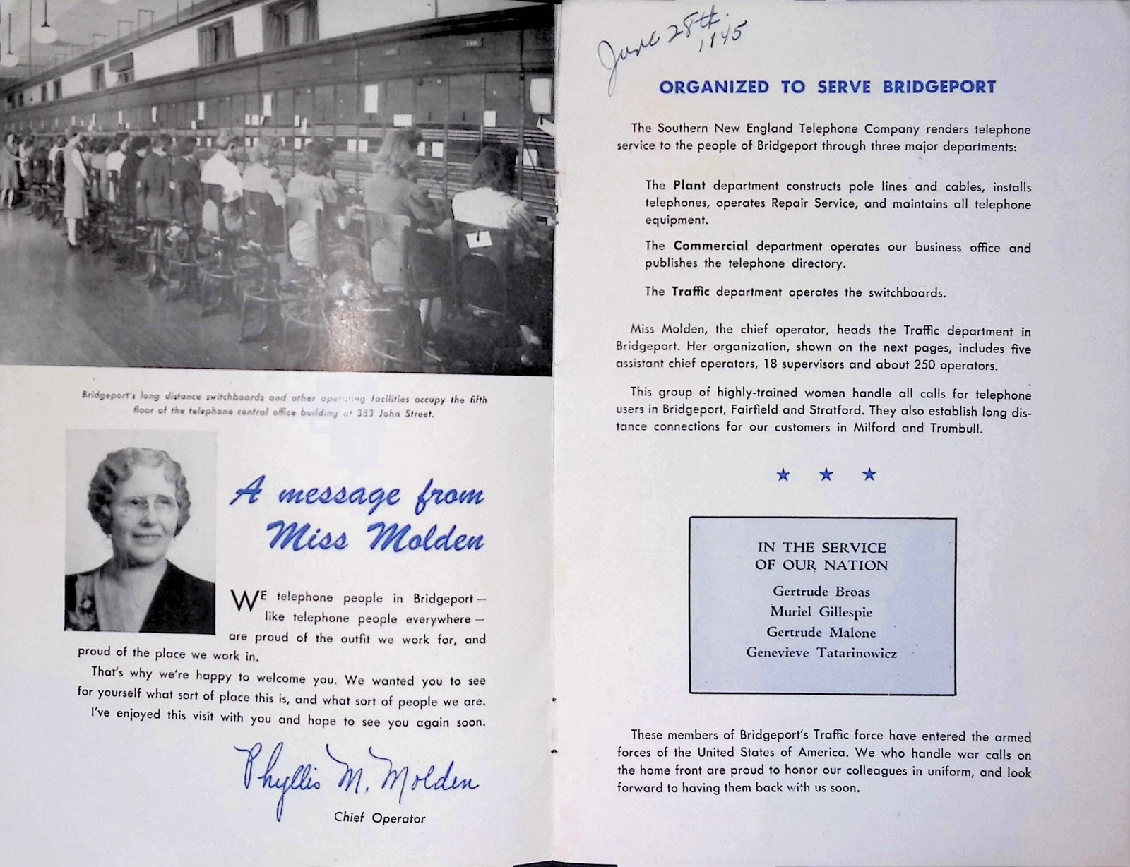 1945 SNET Bridgeport CT Telephone Operators Booklet Family Night History Labor