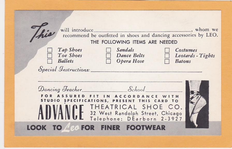 Advertising Card – John Kriza Ballet – Advance Theatical Shoe Co Chicago