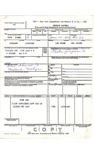 1964 NYS & W RR Freight Waybill GATX 67885 MAPP Gas Dow Chemical NYS&W Railroad