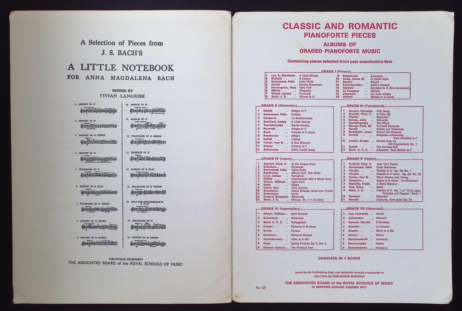 Royal Schools of Music Pianoforte Examinations 1974 Grade II Lists A&B Elementar