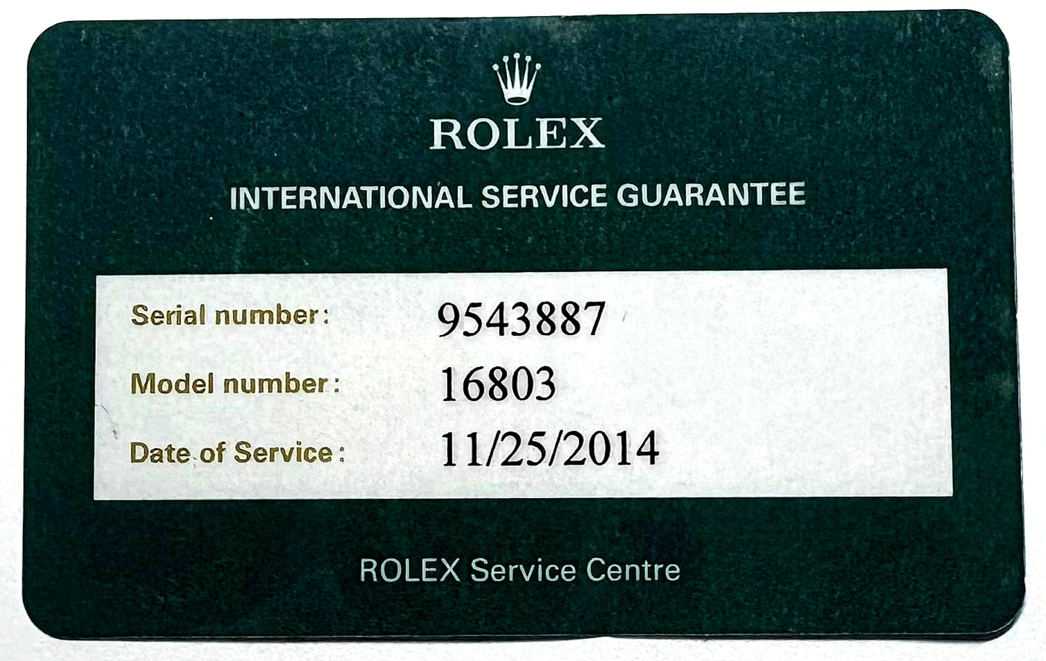 Rolex Submariner 16803 Green International Service Warranty Certificate Cert
