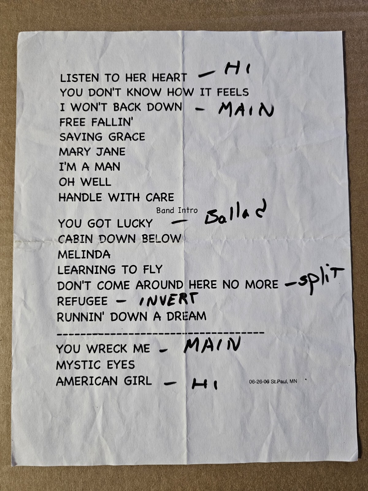 Tom Petty Authentic 6-26-2006 St Paul Minnesota Concert Setlist w/ Pearl Jam
