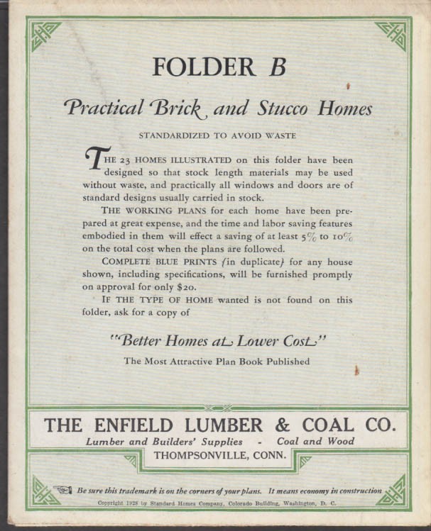 Enfield Lumber & Coal Practical Brick & Stucco Homes plans broadside 1928