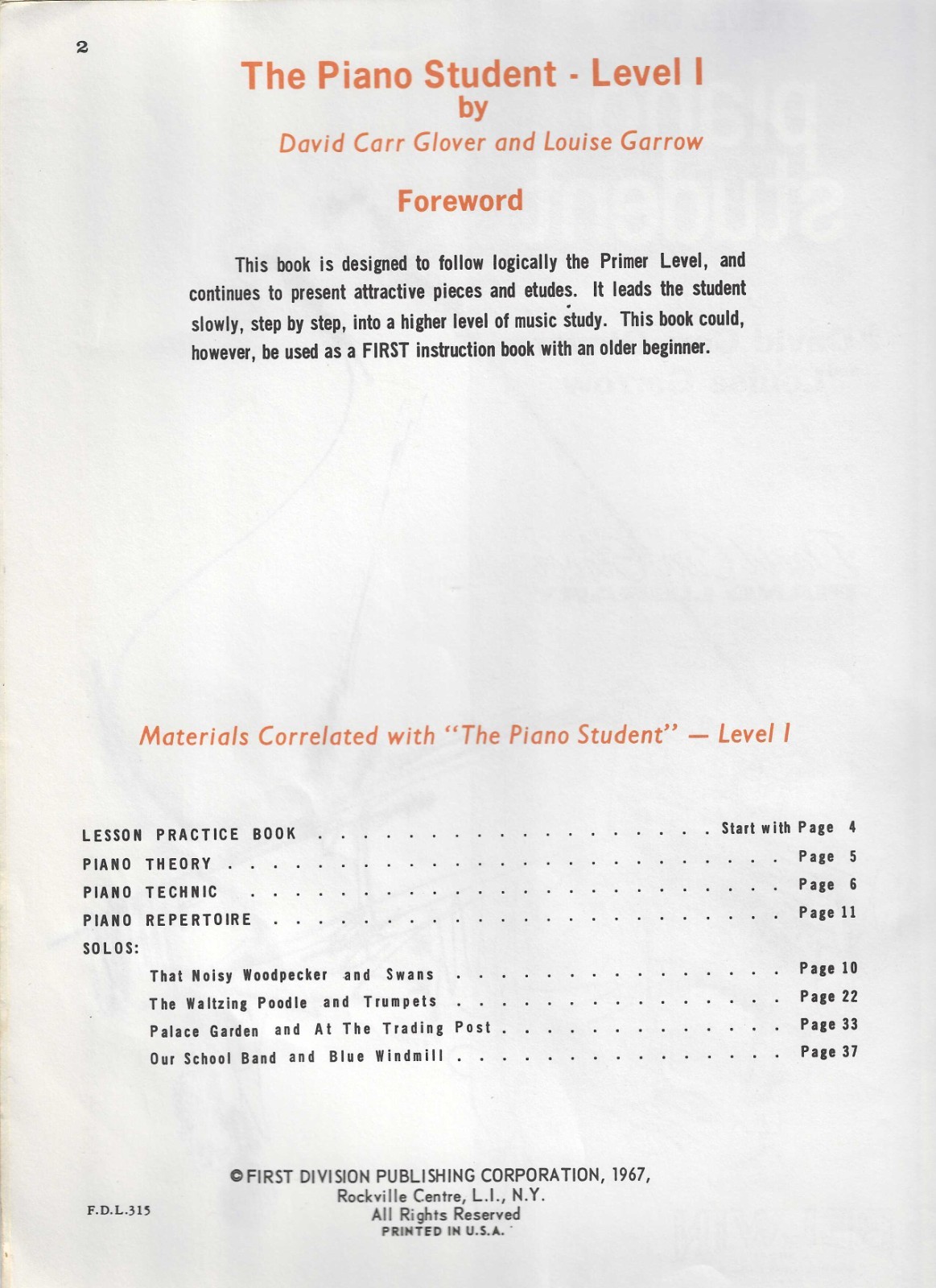 1967 Level One PIANO STUDENT David Carr Glover Music Book Louise Garrow