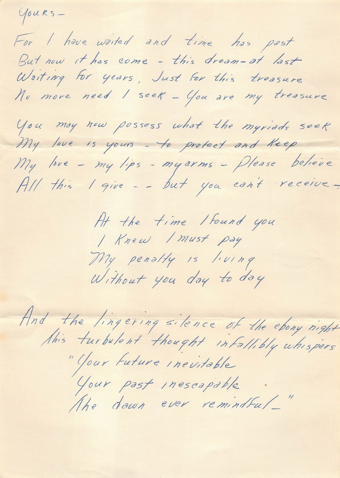 Unpublished Handwritten Poem 1940s Forlorn Lover Man Broken Heart Romantic Paper