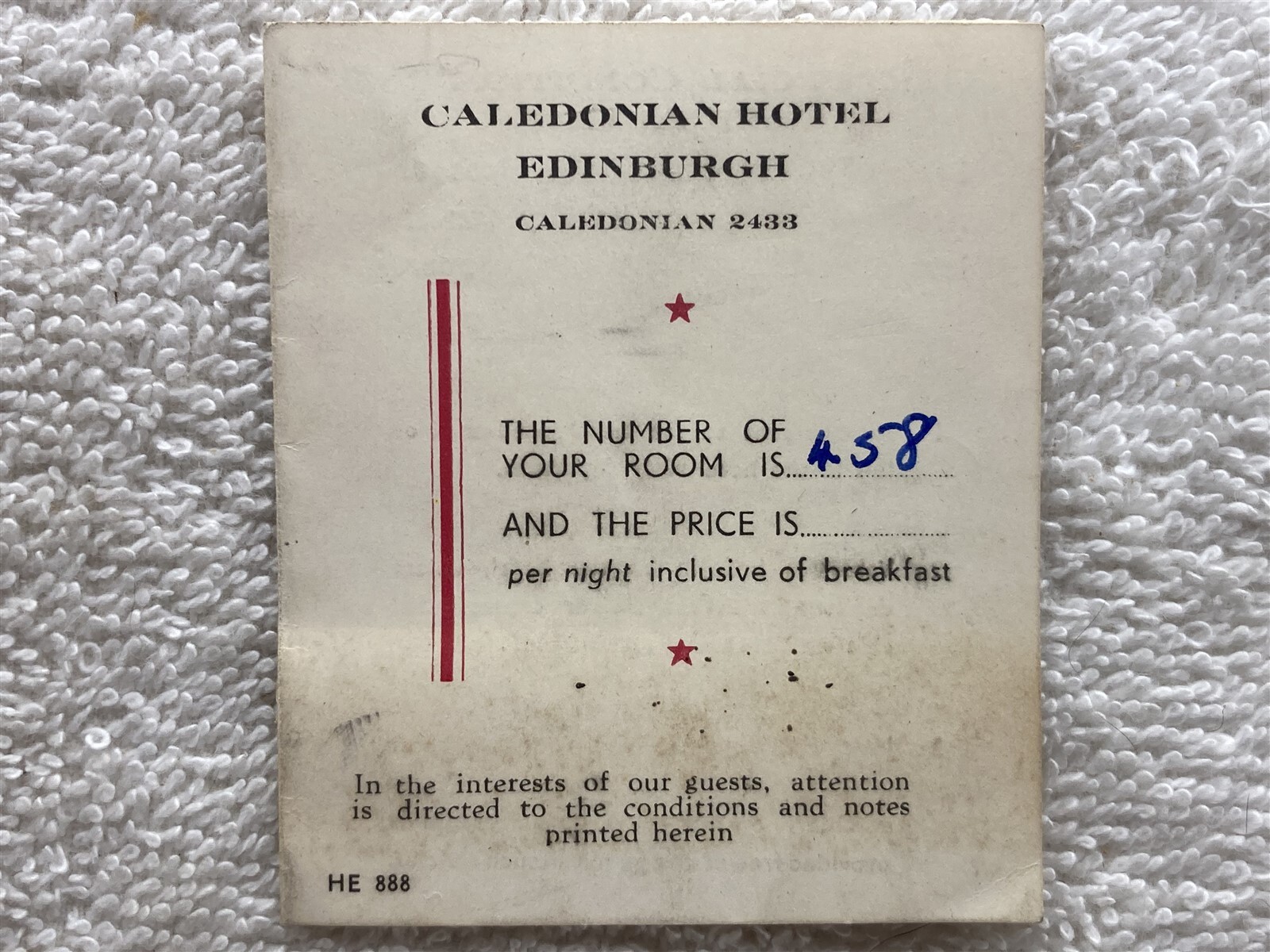 1950’s Caledonian Hotel Edinburgh Room Ticket United Kingdom Vtg