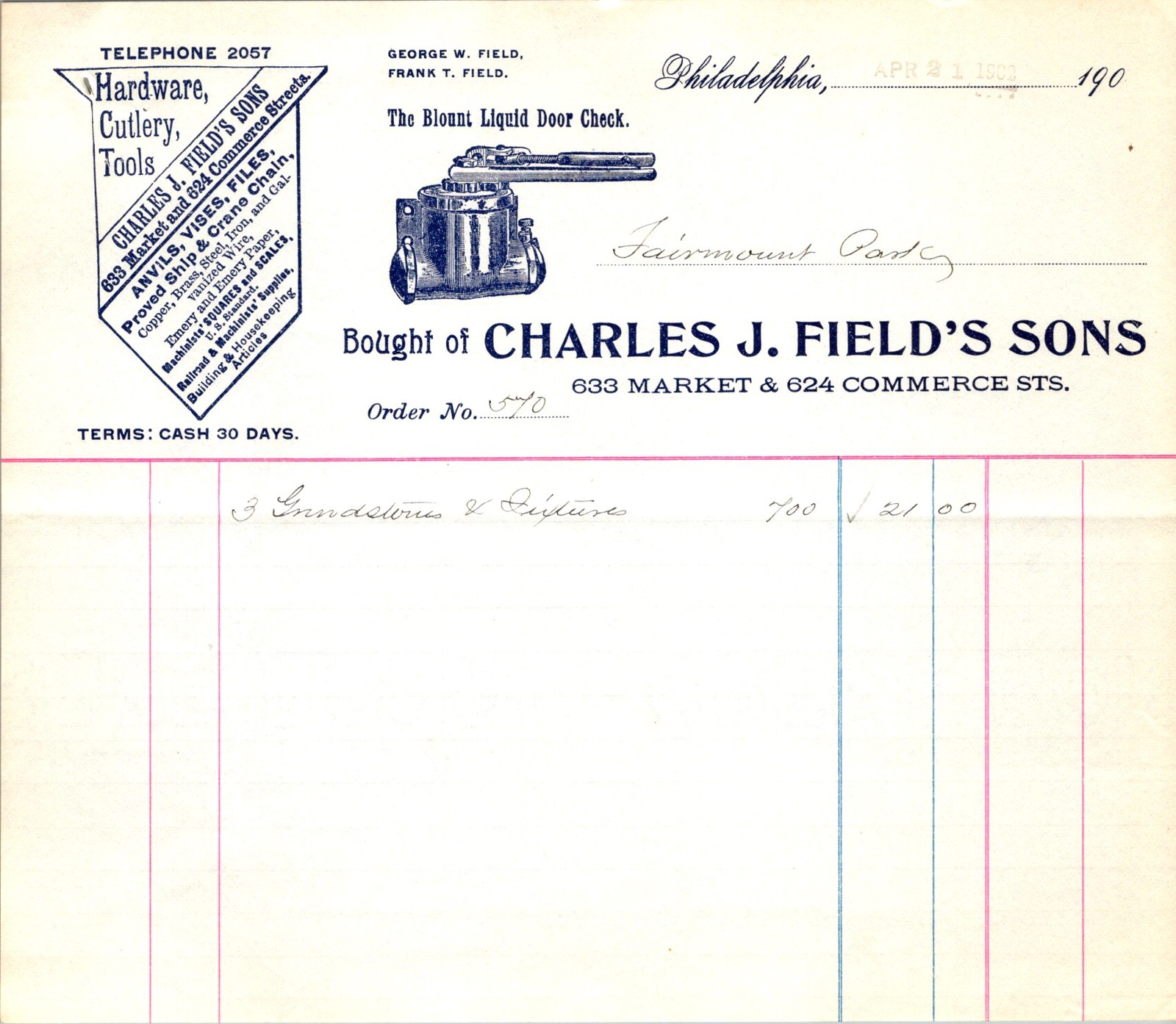 Charles J Field’s Sons Invoice 1900s Philadelphia Grindstones & Hardware Trade