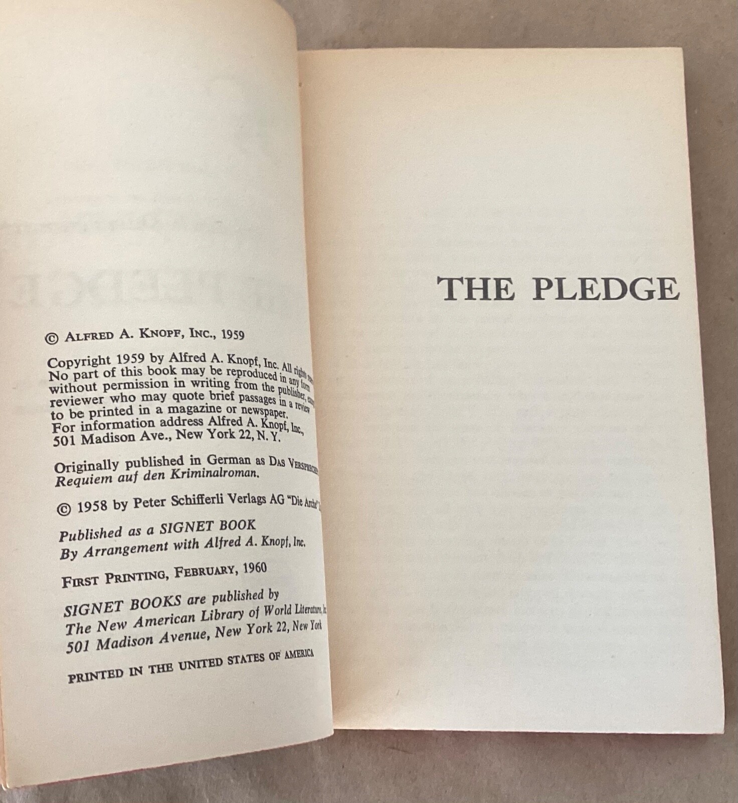 The Pledge Friedrich Duerrenmatt 1960 vintage paperback noir pulp Signet 1st prt