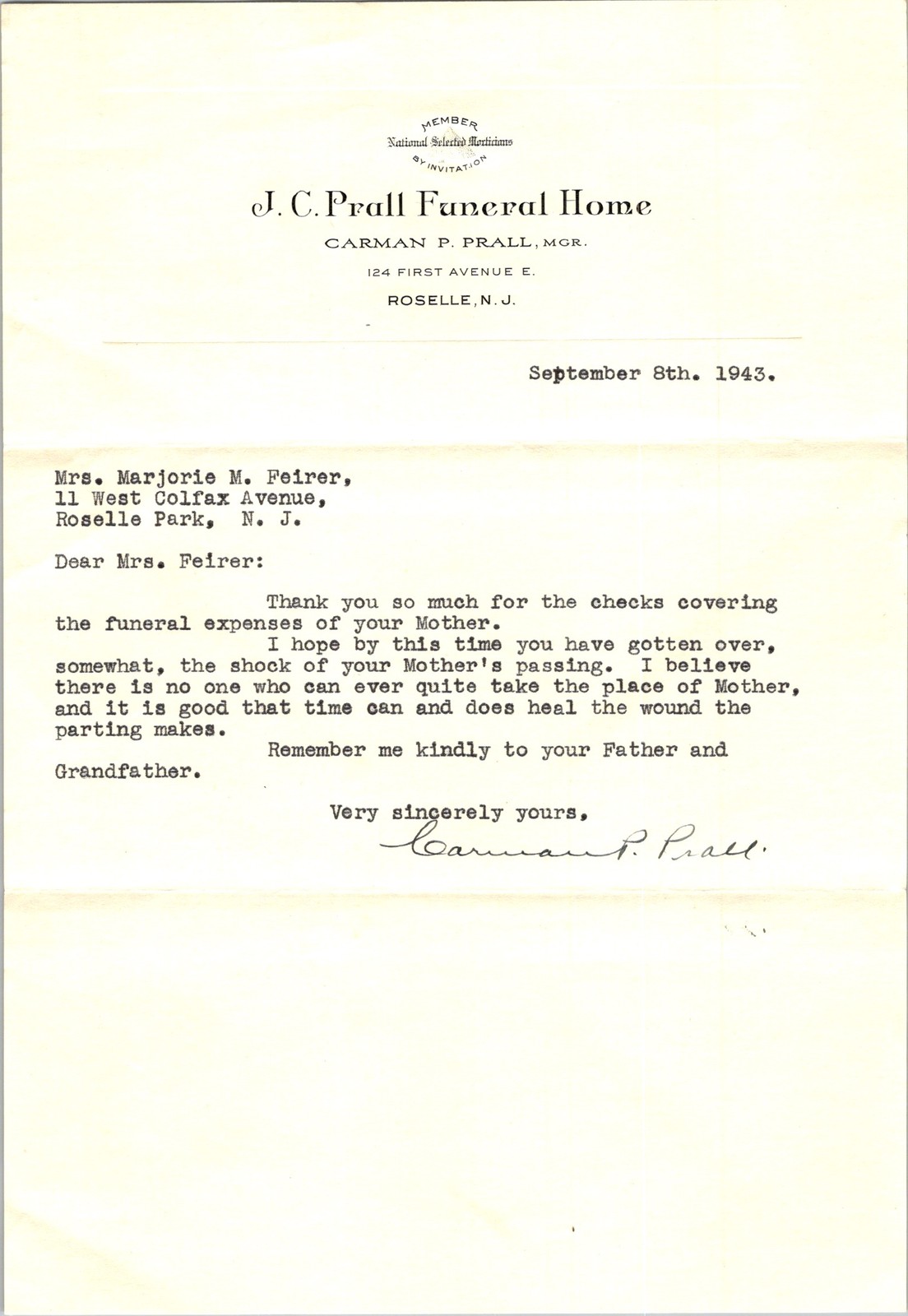 1943 Prall Funeral Home Letter Mrs Feirer Roselle NJ WWII Hotel Lincoln