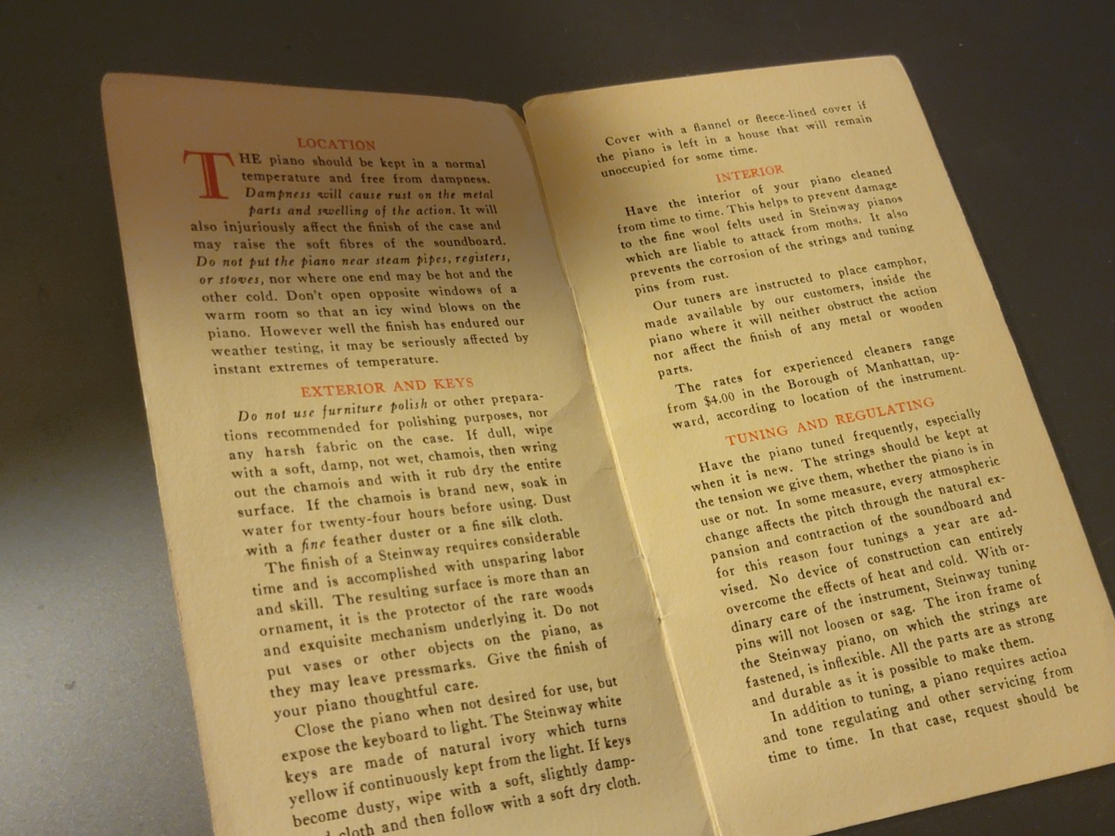 Vintage Steinway & Co. Booklet “Hints On The Care of Your Piano”