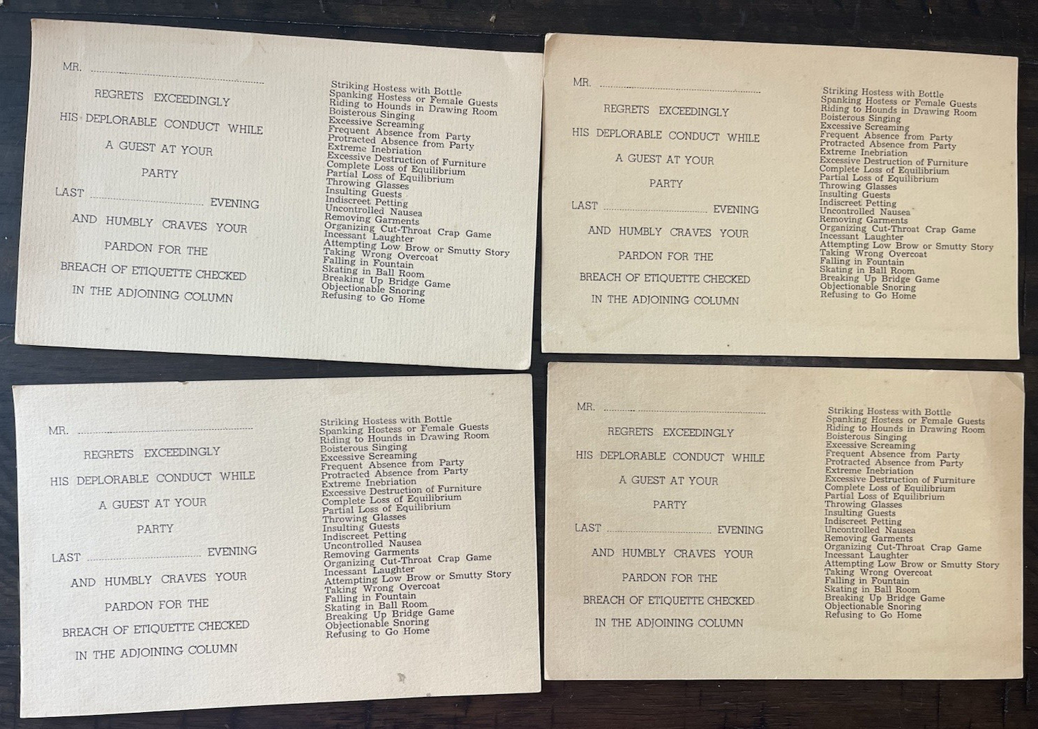 Vintage Deplorable Conduct Cards For Party Inebriation Spanking Insults LOT