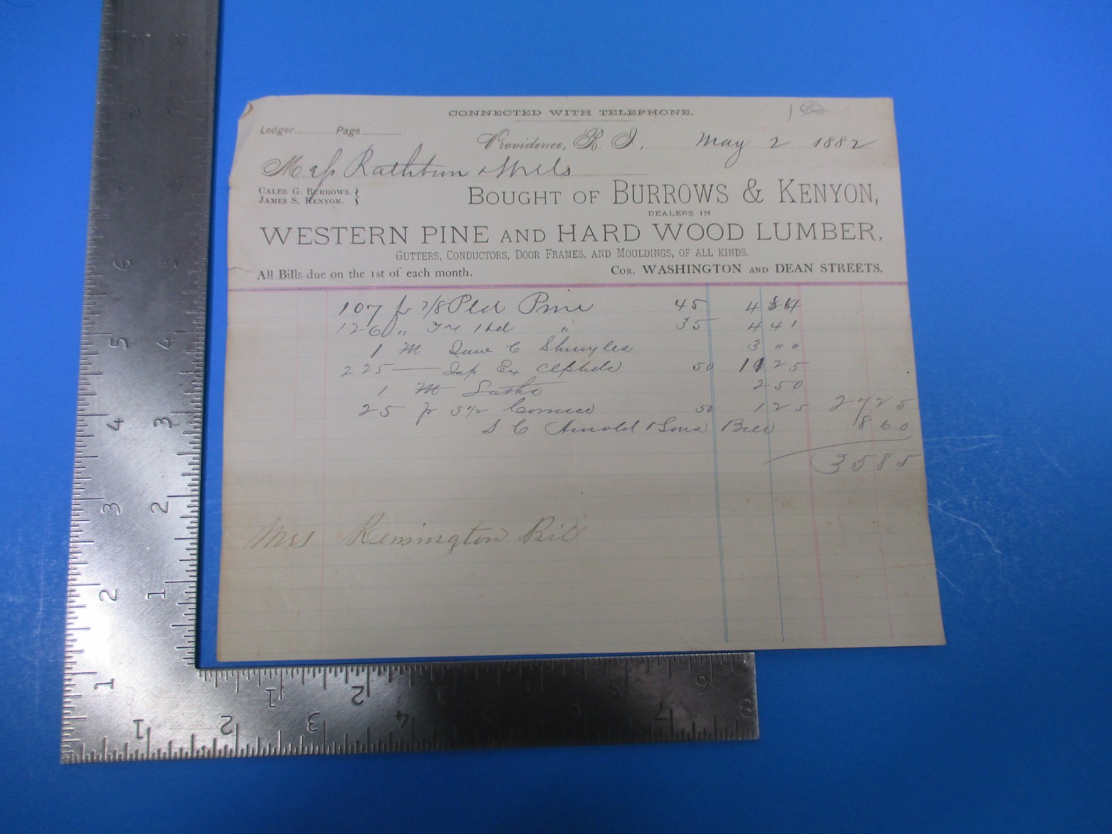 Vintage May 2, 1882 Burrows & Kenyon Western and Wood Lumber M5925